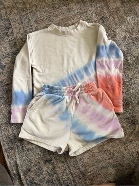 Splendid Tie-Dye Cream Top & Shorts Set with Blue, Pink, and Coral Accents